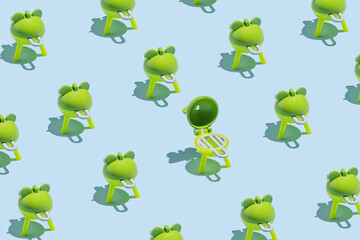 Summer outdoor family activity minimal concept pattern made of green grill on bright sky blue background. Camping, barbecue, nature, adventure creative idea.