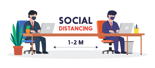 Businessmen with masks work on the desk and keep their distance. The creative concept idea of social distancing. Simple trendy cute vector character illustration. Modern cartoon flat style graphic.