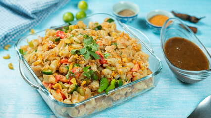 macaroni chaat Indian and Pakistani food display