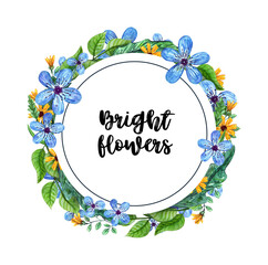 Hand-drawn watercolor flower wreath frame. Floral composition with bright summer flowers, leaves and herbs. Colorful design for invitation, wedding or greeting cards