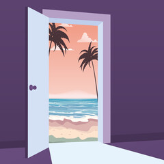 Open Door to nature way. Landscape sea, ocean, island, tropical, palms, symbol freedom, new way exit, discovery, opportunities. Motivation concept to real world. Vector illustration cartoon style