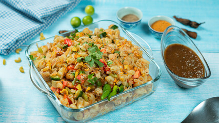 macaroni chaat Indian and Pakistani food display 