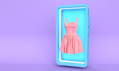 Mobile phone showcase with illumination and fashionable women dress on a lilac background. 3d rendering