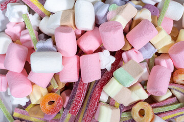 colorful candy marshmallows and marmalade of different shapes for background use