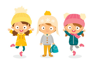 Vector set of cute boy and girl characters in different winter clothing isolated on white background. Group of happy joyful children posing together winter wear. Kid's fashion. Winter clothes.