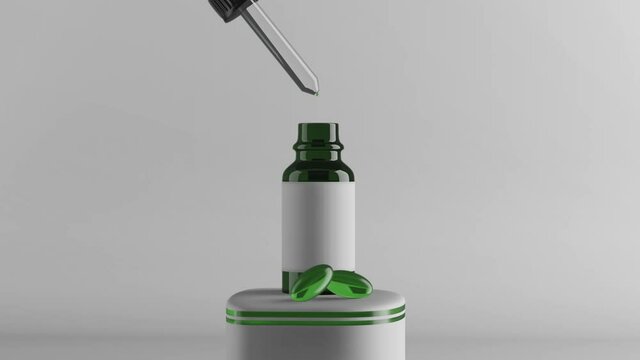 CBD oil in bottle with droplet. 3d render in studio background on white podium. Stage with hemp oil serum.