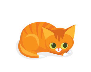 Cute and sweet red tabby striped ginger cat character, lying with head on his paws , cartoon vector illustration isolated on white background. Cute and funny red cat character, nice and sweet.