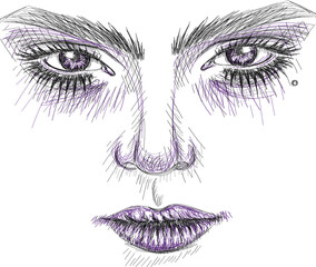 Fototapeta premium Beautiful female face - Realistic sketch portrait with violet elements 