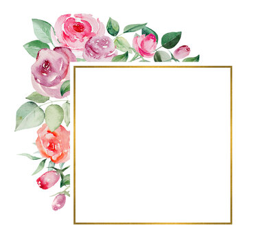 Watercolor pink and red roses flowers and leaves frame illustration