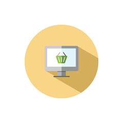 Online store. Computer screen and shopping basket. Flat color icon in a circle. Commerce vector illustration