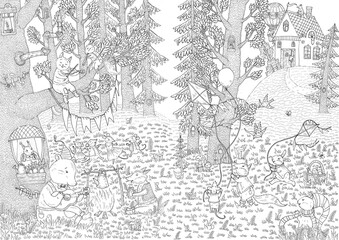 Cute animals in the fairy forest. Coloring. Black and white digital illustration. Cute illustration for the decor and design of posters, postcards, prints, stickers, invitations, textiles.