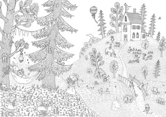 Rabbits are walking in a fairy forest. Coloring. Black and white digital illustration. Cute illustration for the decor and design of posters, postcards, prints, stickers, invitations, textiles.