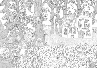 Cat and cute animals in the fairy forest. Coloring. Black and white digital illustration. Cute illustration for the decor and design of posters, postcards, prints, stickers, invitations, textiles.