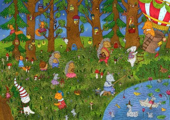 Kind animals walk in the fairy forest. Digital painting. Cute illustration for the decor and design of posters, postcards, prints, stickers, invitations, textiles and stationery.