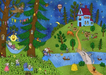 Rabbits are walking in a fairy forest. Digital art. Cute illustration for the decor and design of posters, postcards, prints, stickers, invitations, textiles and stationery.