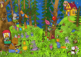 Cute animals in the fairy forest. Digital painting. Cute illustration for the decor and design of posters, postcards, prints, stickers, invitations, textiles and stationery.