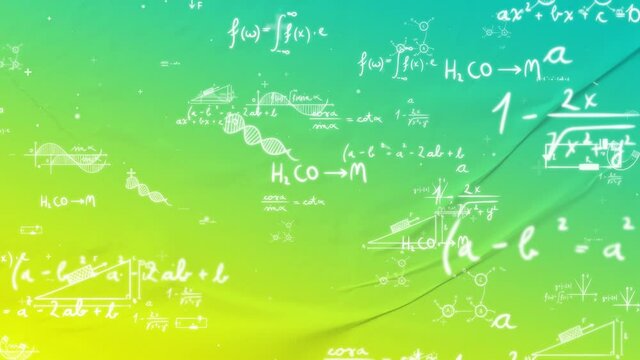 Animation presents handwritten mathematical formulas on two colors background flying through the camera.