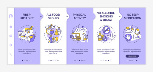 Hepatic health requirements onboarding vector template. Responsive mobile website with icons. Web page walkthrough 5 step screens. Fiber-rich diet, activity color concept with linear illustrations