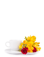 White cup of coffee on white background.  White cup copy space