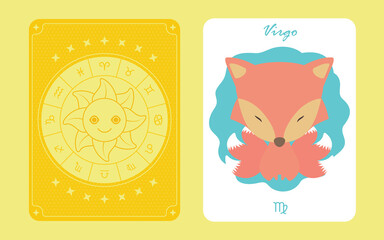 Zodiac Virgo Horoscope Card Cute Character Nine Tailed Fox with Fluffy Hair and Pointed Ears with Back Card with Sun Smile with Radiant and Zodiac Icons with Stars Vector Graphic Design Template