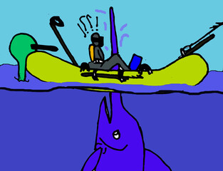 Cartoon Caricature Diver on Rubber Raft being hit by Sword Fish with Bill Sticking through Bottom 