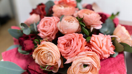 Powdery pink color. Flower branch rose, Buds, close-up.