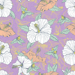 Vintage seamless pattern with line art white and pink hibiscus flowers, buds and leaves, with gray outline. On violet textured background. Stock vector illustration.