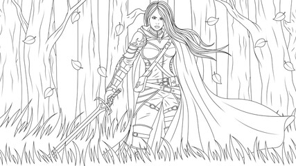 Vector illustration, beautiful girl warrior with a sword in the forest ready for battle
