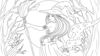 Vector coloring, cute beautiful witch with a broom and a pot of potions at night in the forest © Andrey1005