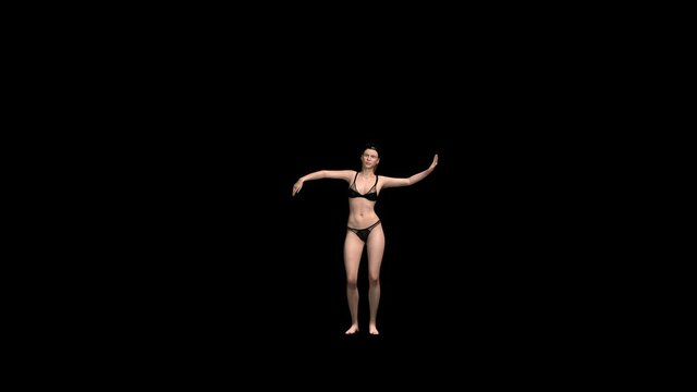 Slim woman getting weight while doing a belly dance, seamless loop, against black
