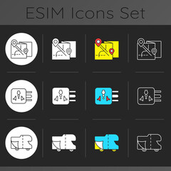 Travel dark theme icons set. Nomadic tour. Global standart adapter. RV cover for campground parking. Summer vacation tour. Linear white, solid glyph and RGB color styles. Isolated vector illustrations