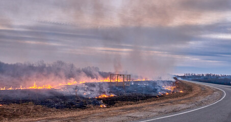 Dry grass burns on the field near the road.