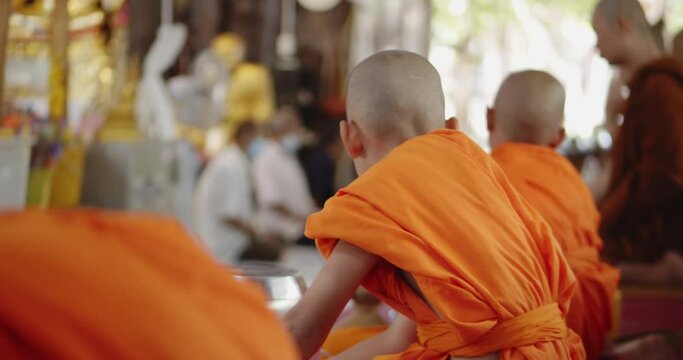 The novices and the monks sit and prepare to pray before eat food in their alms bowls after people made merit at Buddhist temple.