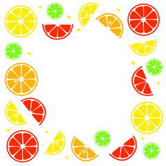 Frame with colorful citrus fruits silhouettes. Summer background vector image with lemons, limes, grapefruits. Template for card, post, banner design.