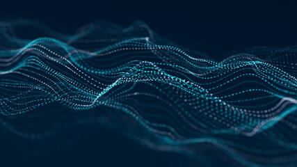 Digital dynamic wave. Abstract futuristic blue background with dots and lines. Big data visualization. 3D rendering.