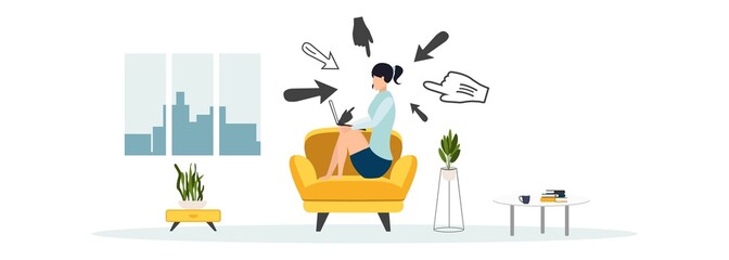 Cyber bullying. Internet abuse or online troll. Social media problem with hater comments concept. Depressed teenager girl sitting alone with computer laptop and mouse hand cursors pointing on her.