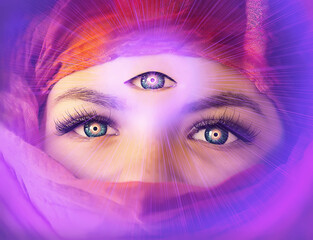 A clairvoyant girl with an open "third eye" on her forehead. The witch. The concept of clairvoyance. Piercing, magical eyes, looking into the future. Paranormal abilities, supernatural, divination
