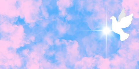 Fototapeta na wymiar Banner azzurro rosa cielo nuvoloso con la colomba pasquale bianca che vola. Croce raggiante. Natale. Annunciazione. Pentecoste. Fede, speranza, amore. Paradiso. Preghiera.