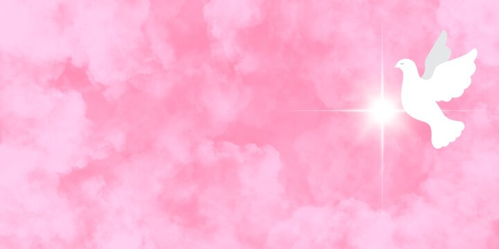 Banner rosa cielo nuvoloso con la colomba pasquale bianca che vola. Croce raggiante. Natale. Annunciazione. Pentecoste. Fede, speranza, amore. Paradiso. Preghiera. Giorno di San Valentino. Libert&agrave;. 