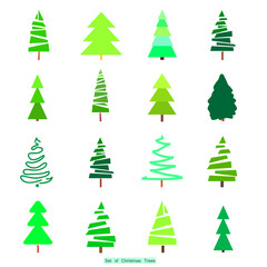 Geometric art. Green christmas trees. Winter holiday symbols, set isolated