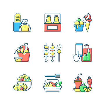 Pickup and delivery option RGB color icons set. Bakery products. Beer. Ice cream. Chicken wings and legs bucket. Shish kebabs. Phone ordering. Burrito bowl. Isolated vector illustrations