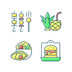 Takeaway and delivery option RGB color icons set. Shish kebabs and meat pops. Coconut cocktail. Burrito bowl. Sandwiches, burgers. Barbecues. Pina colada. Fast food. Isolated vector illustrations