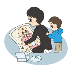 幼いきょうだいのおむつを交換をするヤングケアラー（男子学生）