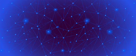 Blue polygonal network grid cover in abstract style. Modern Technology line background, wallpaper. Triangle low poly concept design. Digital data vector structure. Science, tech backdrop