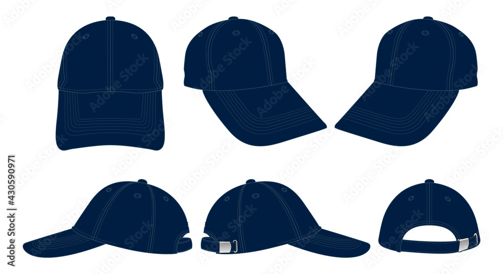 Wall mural blank navy blue baseball cap with adjustable metal buckle closure template on white background, vect - Wall murals