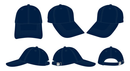 Blank navy blue baseball cap with adjustable metal buckle closure template on white background, vector File © Sansom