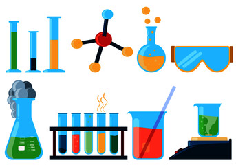 Chemistry, science set of vector illustrations, isolated on white background, beakers, magnetic stirrer, flasks, laboratory glassware, and equipment. 