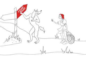 Little Red Riding Hood with a heavy shopping bag of groceries repels the evil wolf.