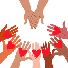 Fototapeta premium Hands holding out hearts and hands asking for help.
