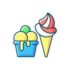 Ice cream to go RGB color icon. Frozen treats delivery. Gelato and sorbet. Dairy-free and dairy products. Frozen dessert with flavors. Milk, cream, sugar mixture. Isolated vector illustration